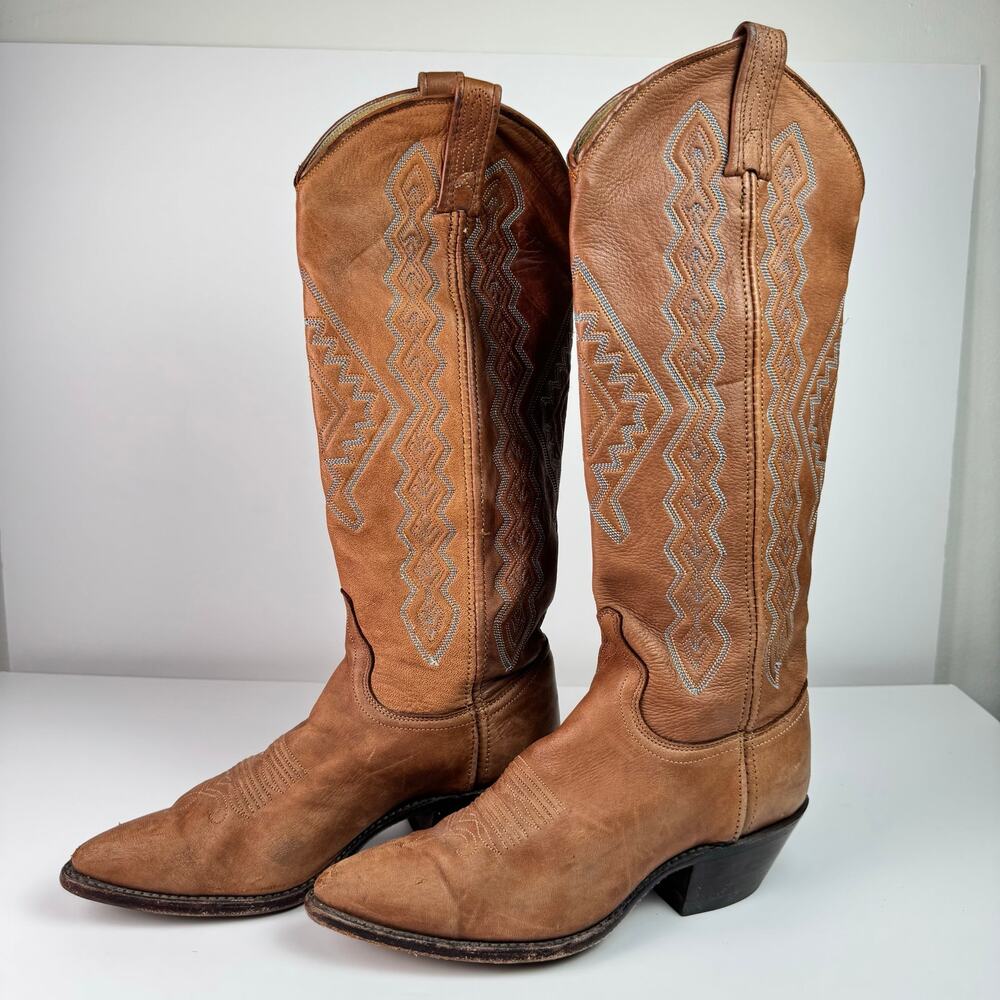 Vintage Dan Post Cowboy Boots Womens 6.5M Brown Leather Western Snip Toe USA